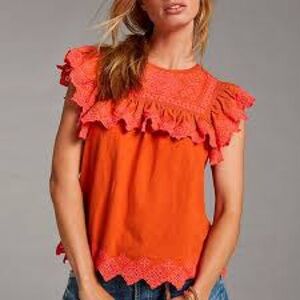 Anthropologie Orange Coral Embroidered Boho Top XL